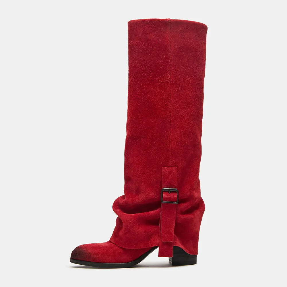 Fashion Red Round Toe Chunky Heel Buckle Fold Over Tall Boots