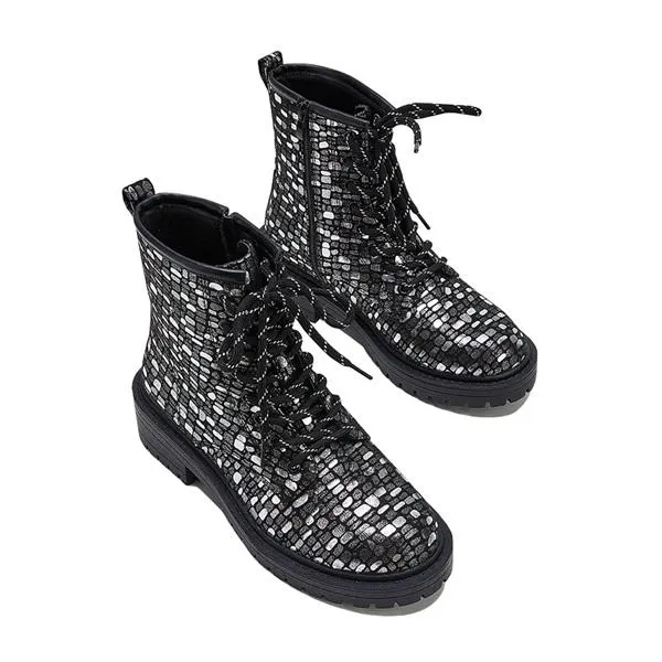 Women Sexy Sequin Lace-Up Ankle Chunky Heel Boots