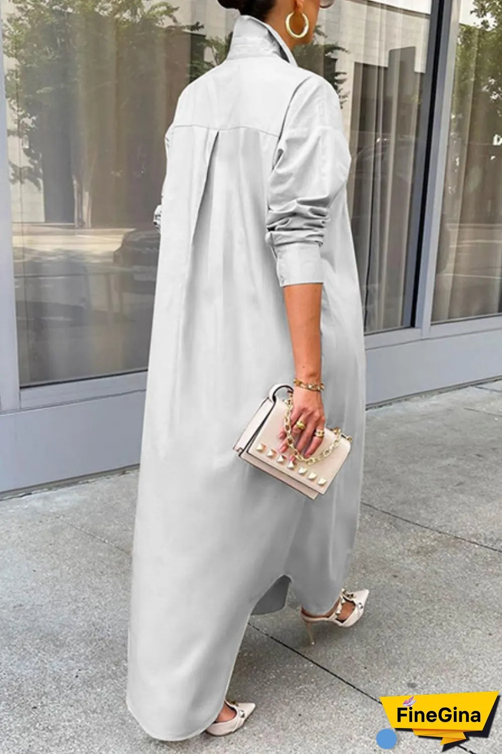 Grey Casual Solid Patchwork Shirt Collar Shirt Dress Dresses