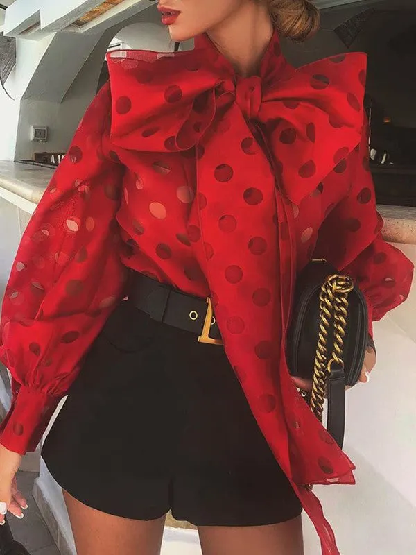 Loose Puff Sleeves Bowknot Pleated Polka-Dot See-Through Split-Joint High Neck Blouses&shirts Tops