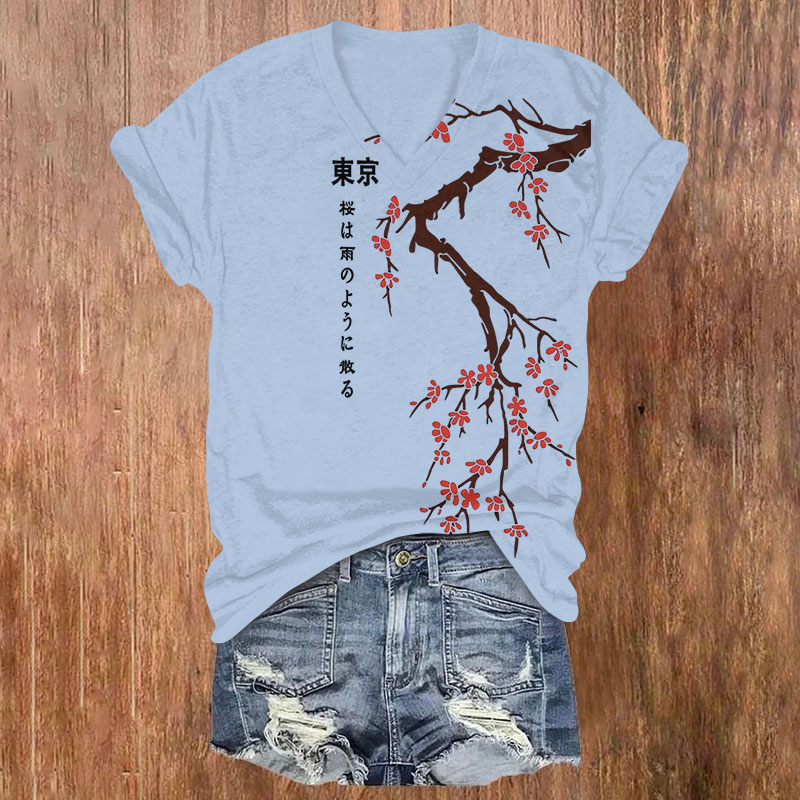 Tokyo Japanese Cherry Blossoms Print V-Neck T-Shirt artswardrobe