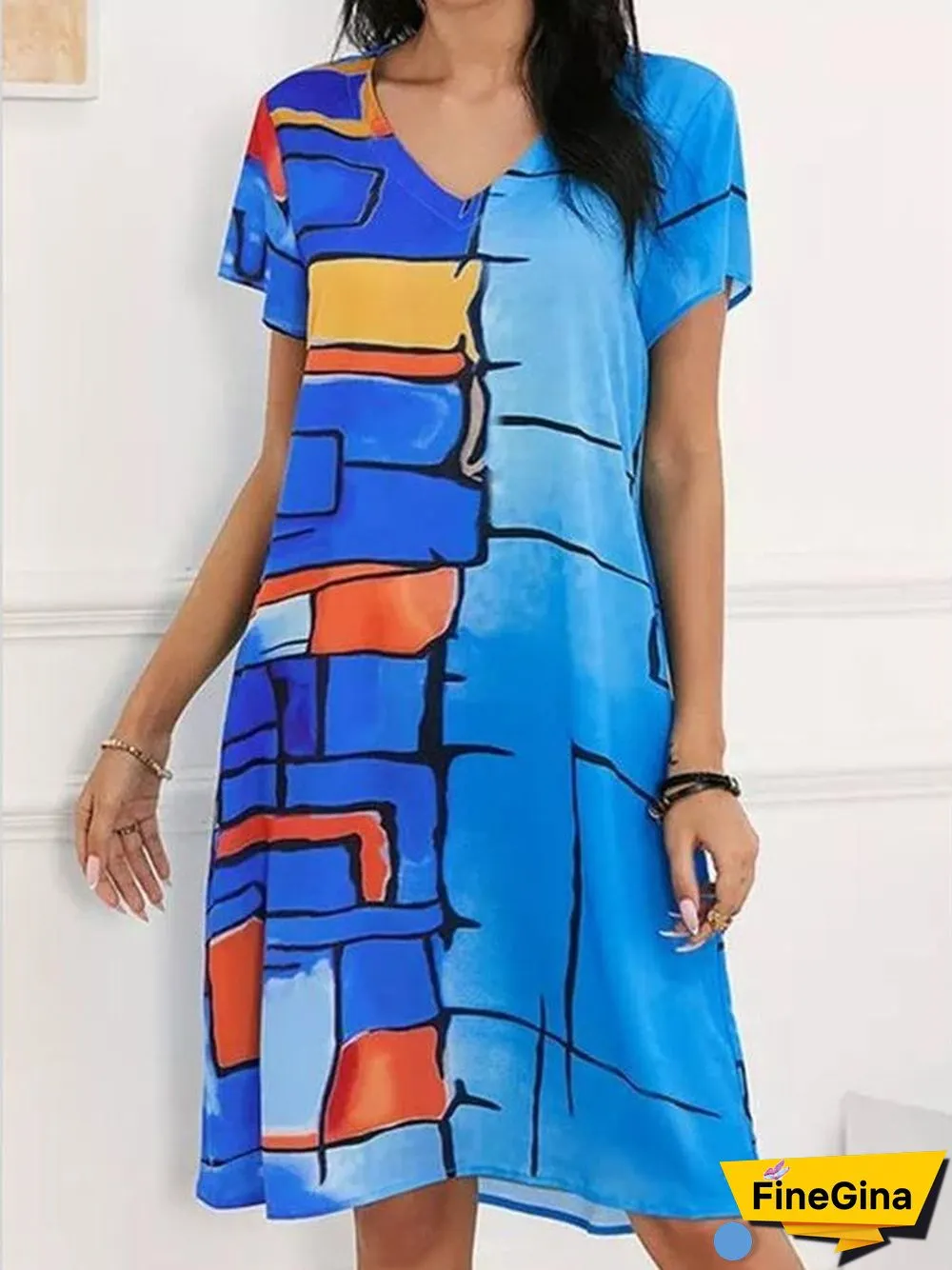 Women's Short Sleeve V-neck Printed Dress With Pockets