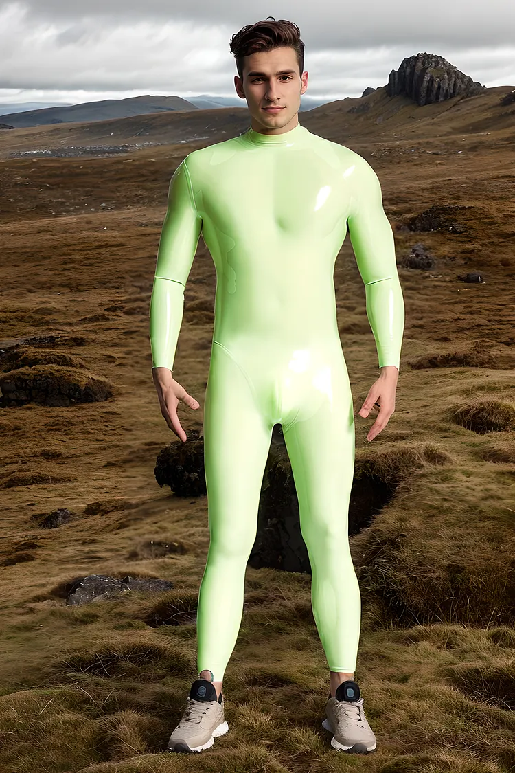 Men Latex Catsuits Sleekness Neck Entry Sensual fitting Green