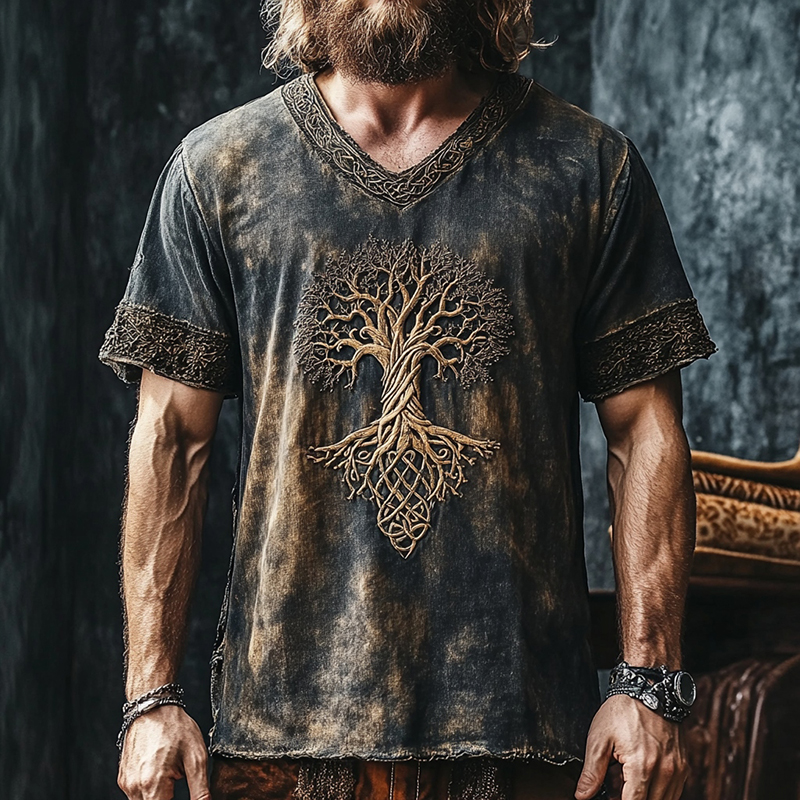 Men's Vintage Viking Tree Of Life Round Neck Linen Blend T-shirt