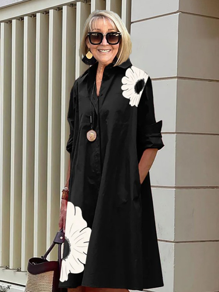 Autumn Floral Print Long Sleeve Shirt Dress