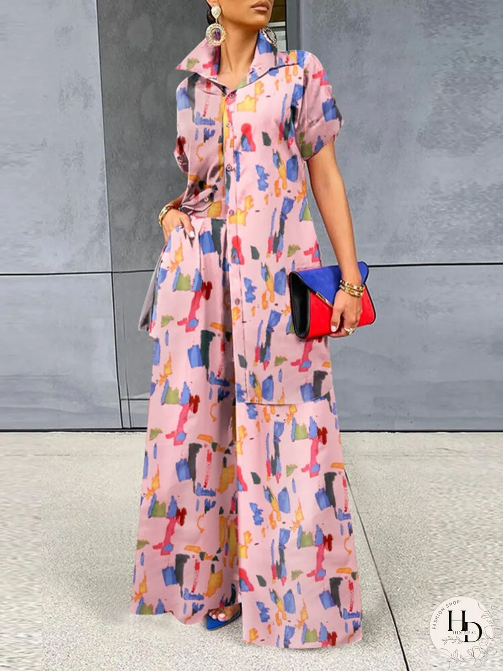 Brush Print Lapel Pocket Short Sleeve Wide Leg Two Pieces Suit