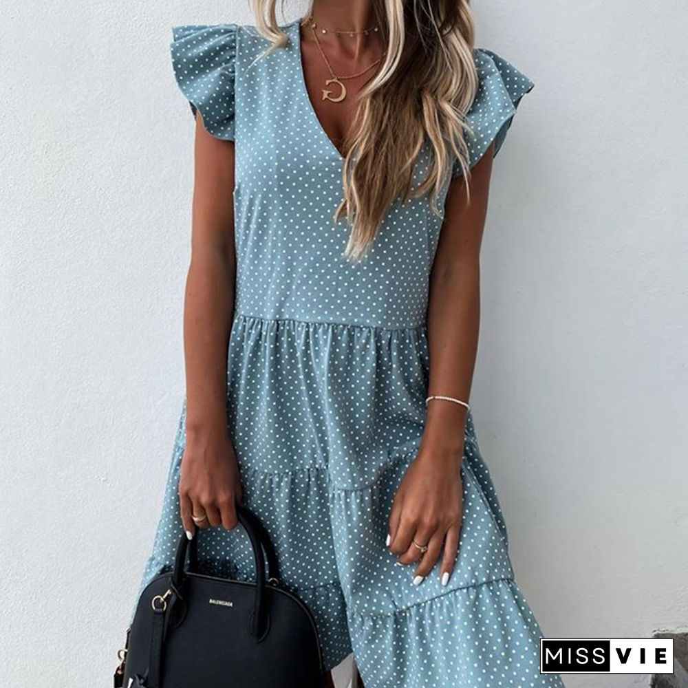 Women New Summer Sundress Casual Ruffles Sleeves V-neck Dot Boho Party Vestidos Elegant Mini Dresses Fashion Vestidos