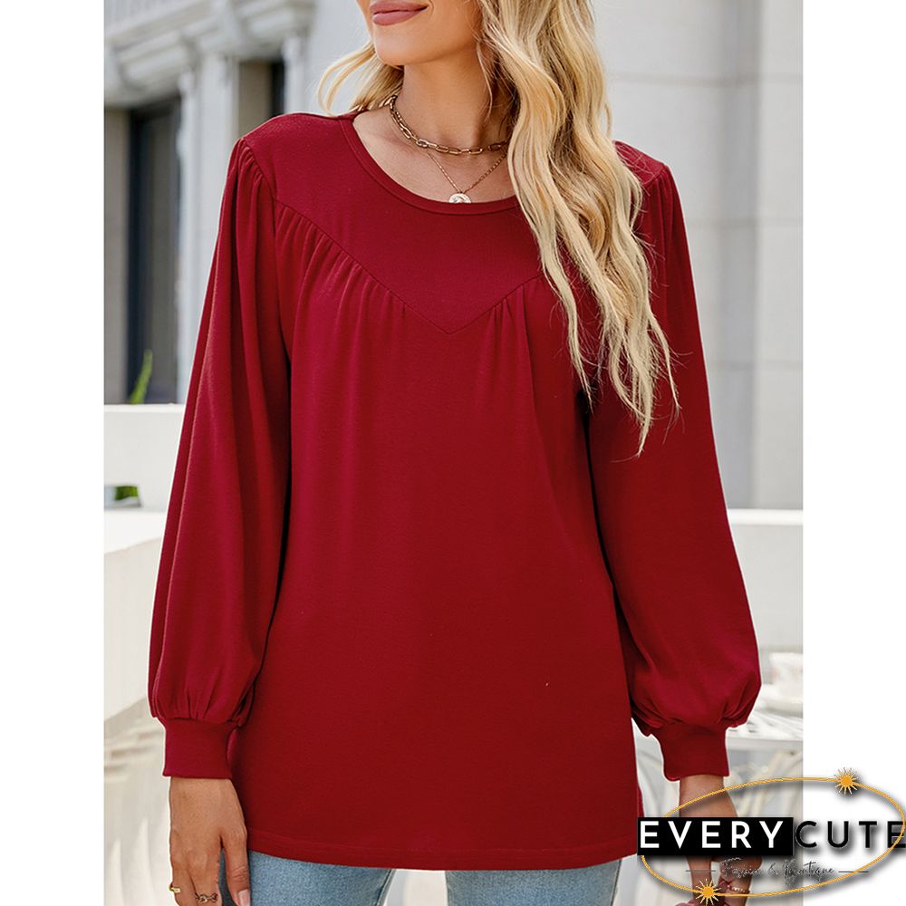 Red Crew Neck Pleated Puff Sleeve Tops