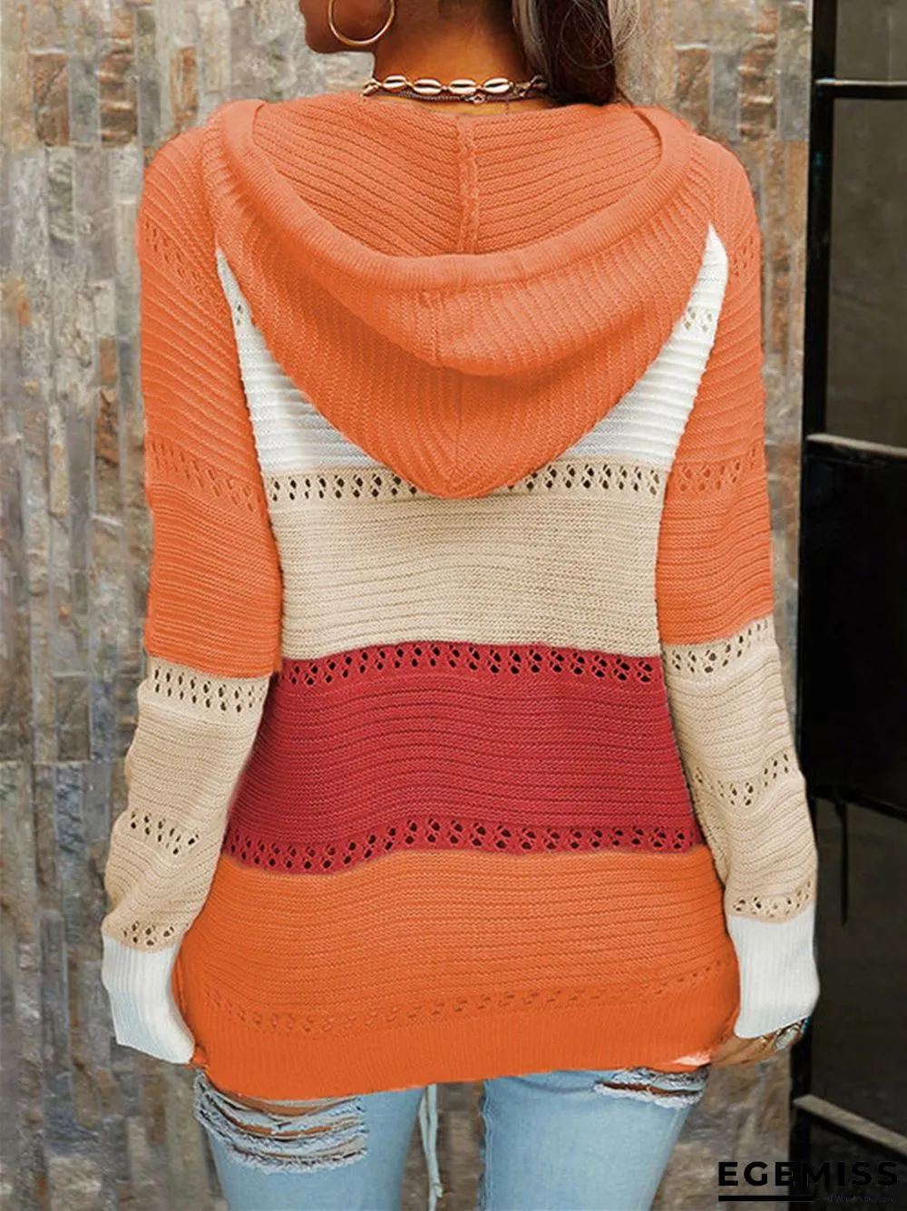 Cardigan Strap Long Sleeve Contrast Color Stitching Sweater | EGEMISS