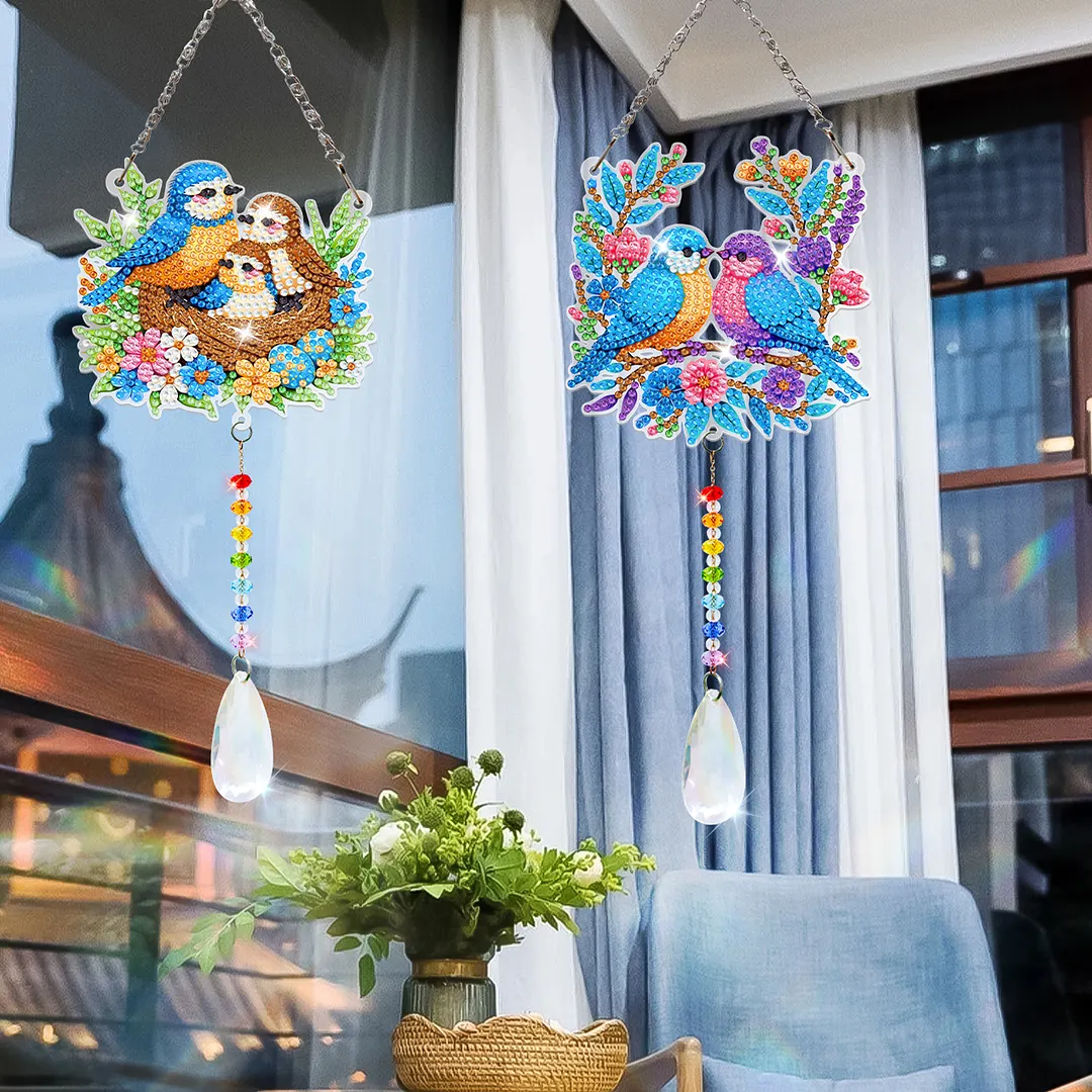2Pcs Birds Family DIY Acrylic Diamond Painting Art Wind Chimes with Crystal Pendant Diamond Art Hanging Pendant Double-Sided for Adults Beginners Gift Home Garden Decor
