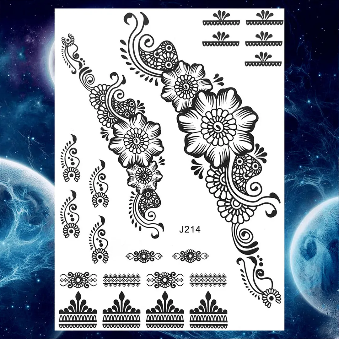 Sexy Black Henna Temporary Tattoos For Women Girls Lotus Flower Lace Tattoo Sticker Fake Jewelry Mandala Body Chest Tatoos Paper