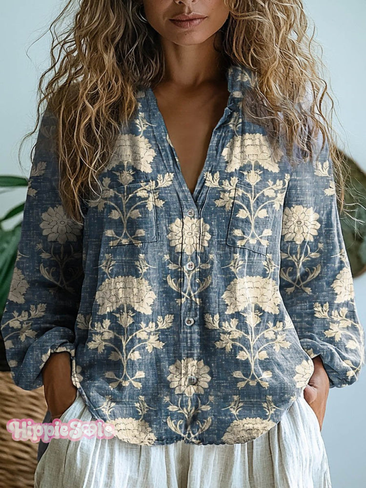 Women&rsquo;s Vintage Lovely Floral Art Print Casual Long Sleeve Comfortable Cotton Shirt Multicolor / S