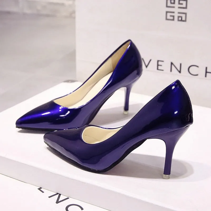 Women Shoes Pointed Toe Pumps Patent Leather Dress High Heels Boat Shoes Wedding Shoes Zapatos Mujer White Blue Red
