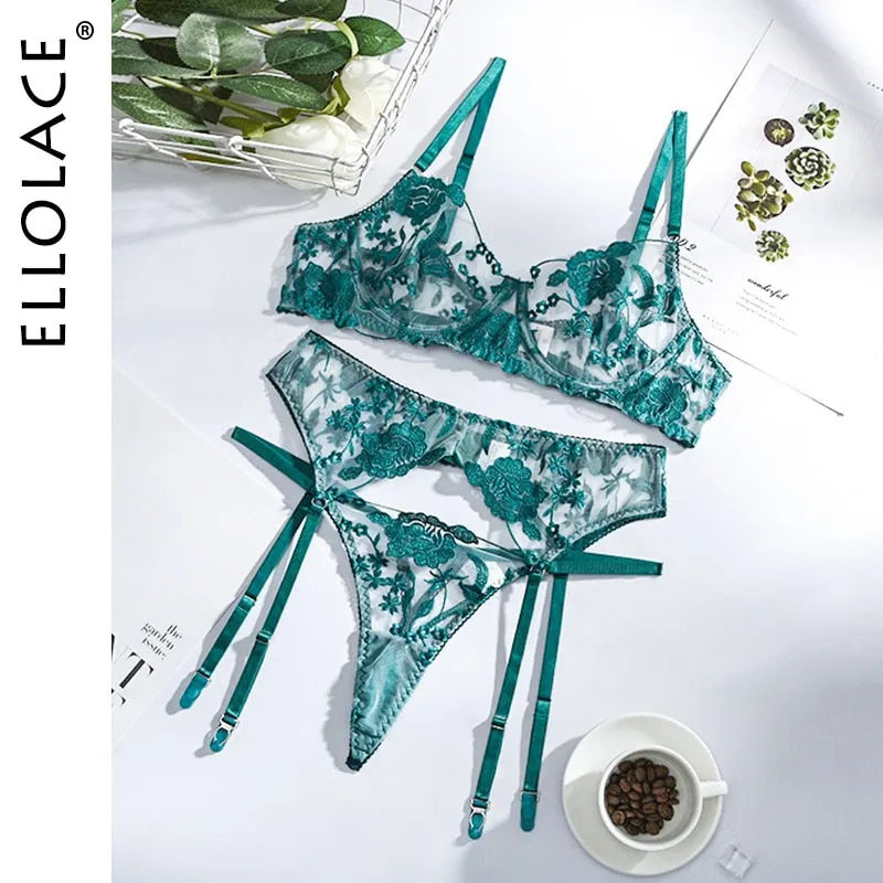 Ellolace Neon Floral Lingerie 3 Piece Set Transparent Underwear Women Push up Bra With Bone Erotic Lingerie Sensual Lingerie Set