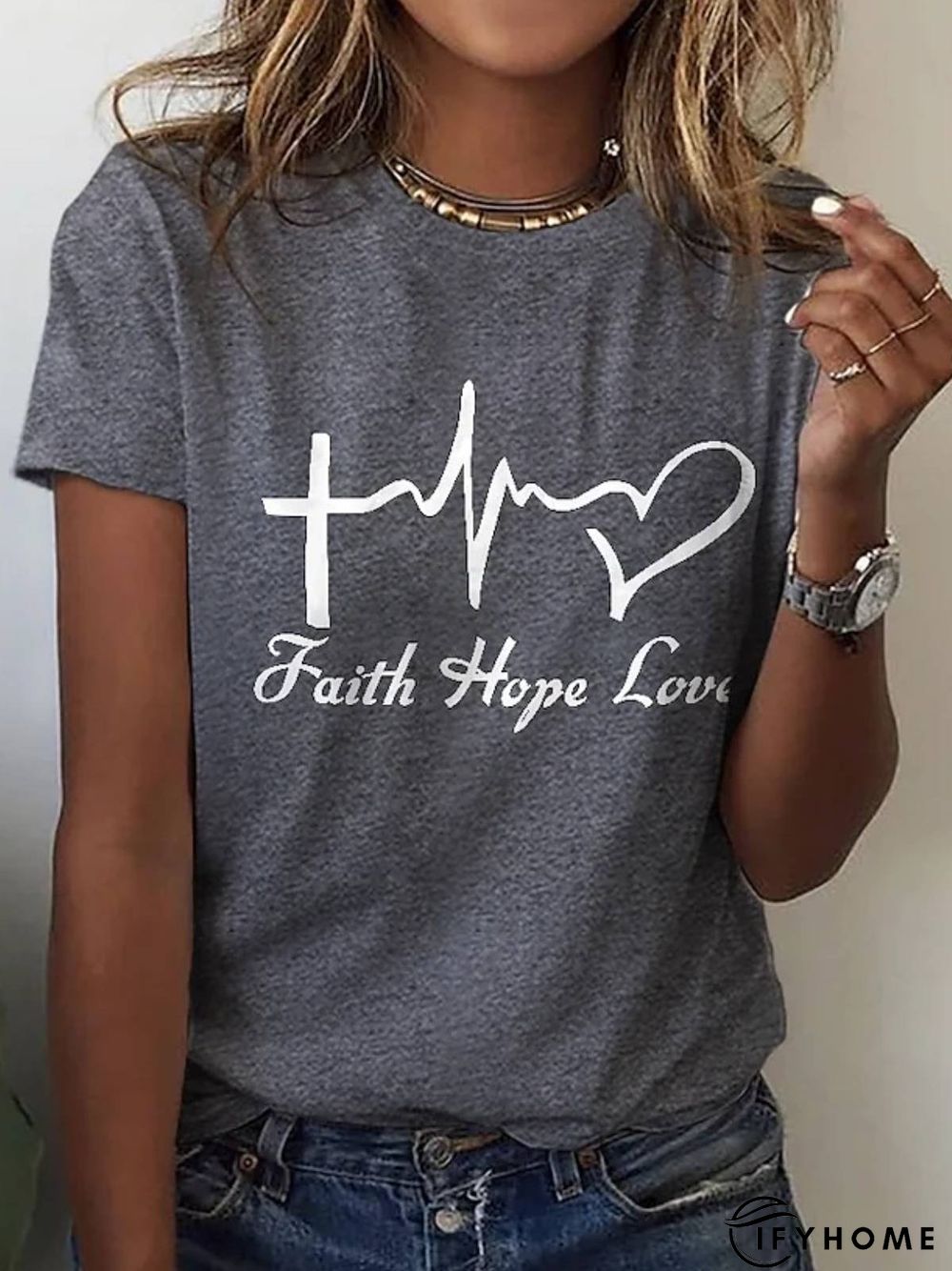 Round Neck Letter Casual Short Sleeve T-Shirt | IFYHOME