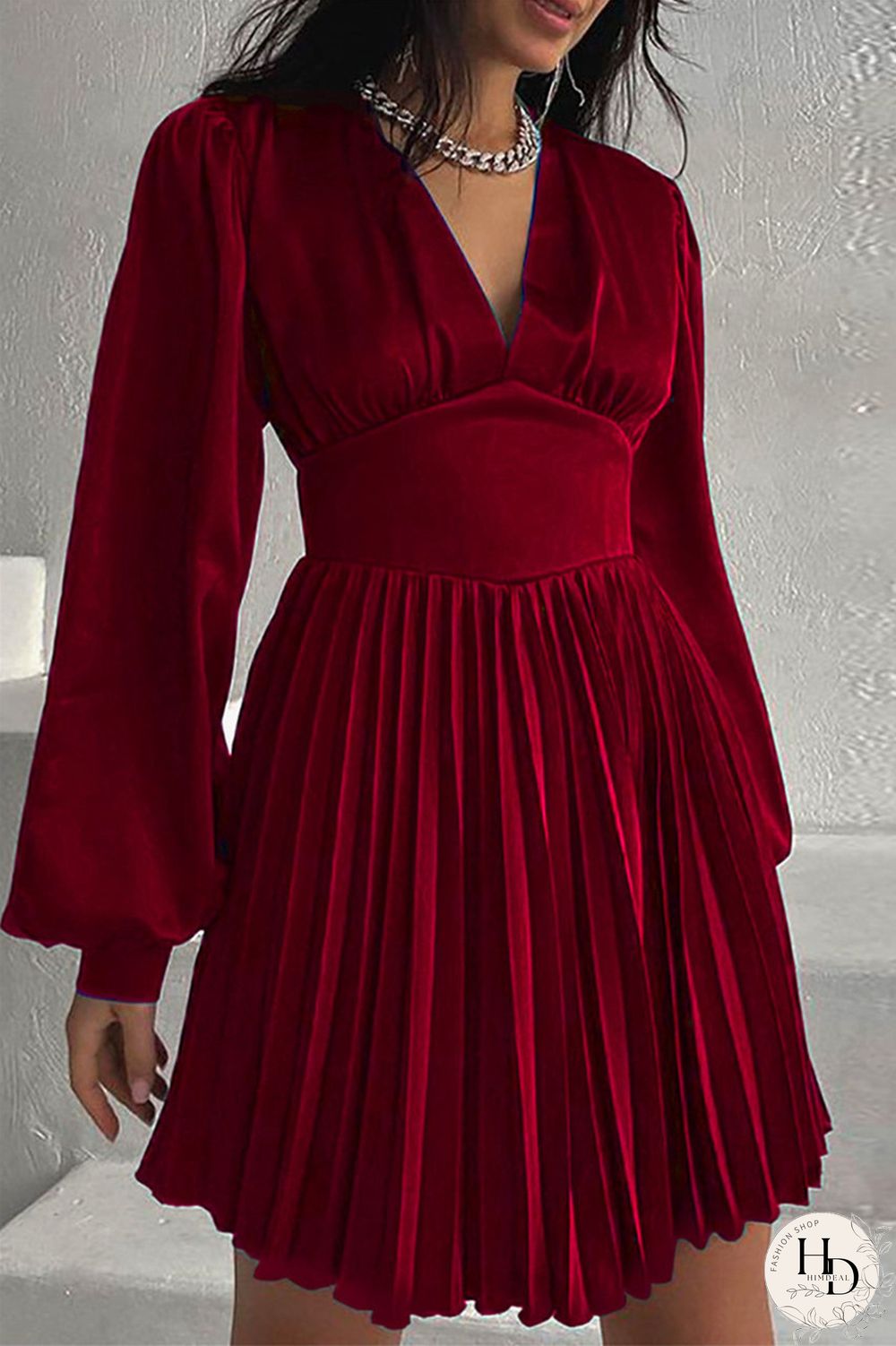 Burgundy Casual Solid Patchwork Fold V Neck Pleated Dresses