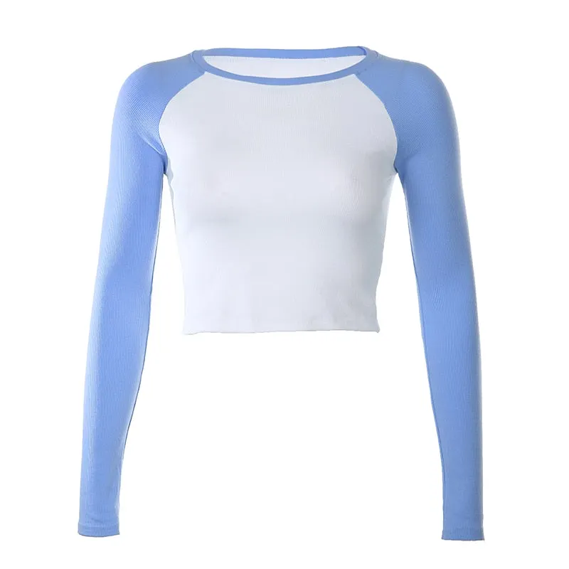 HEYounGIRL Casual Patchwork Long Sleeve Crop Top T Shirt Fashion Basic Cotton Tshirt Women Fashion Slim Korean Tee Shirt Femme