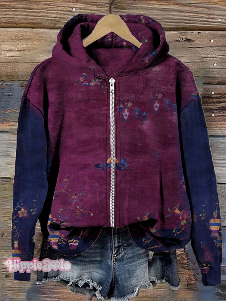 Retro Colorblock Art Print Casual Zip-Up Hoodie Multicolor / S