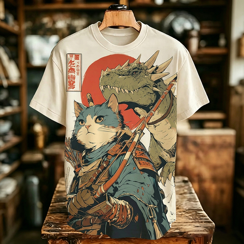 Men's Japanese Samurai Cat Art Print T-shirt elevenforest
