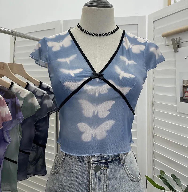 Churchf Sexy Hottie V-Neck Butterfly Print Short-Sleeved T-Shirt Slime Short-Navel Net T-Shirt Girl 9920