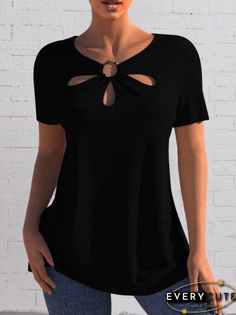 Women'S T-Shirts Solid Hollow Short Sleeve T-Shirt