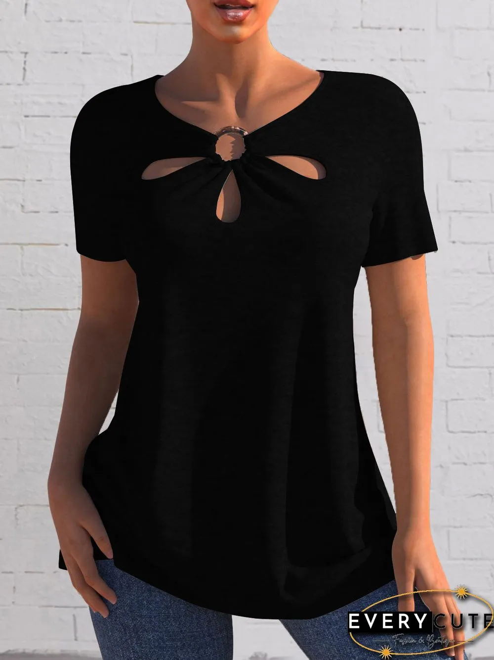 Women'S T-Shirts Solid Hollow Short Sleeve T-Shirt