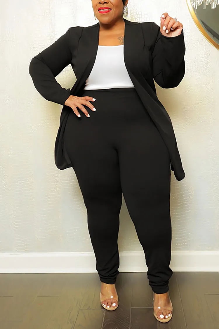 Plus Size Black Casual Long Sleeve Two Pieces Blazer Set 2024 - Xpluswear