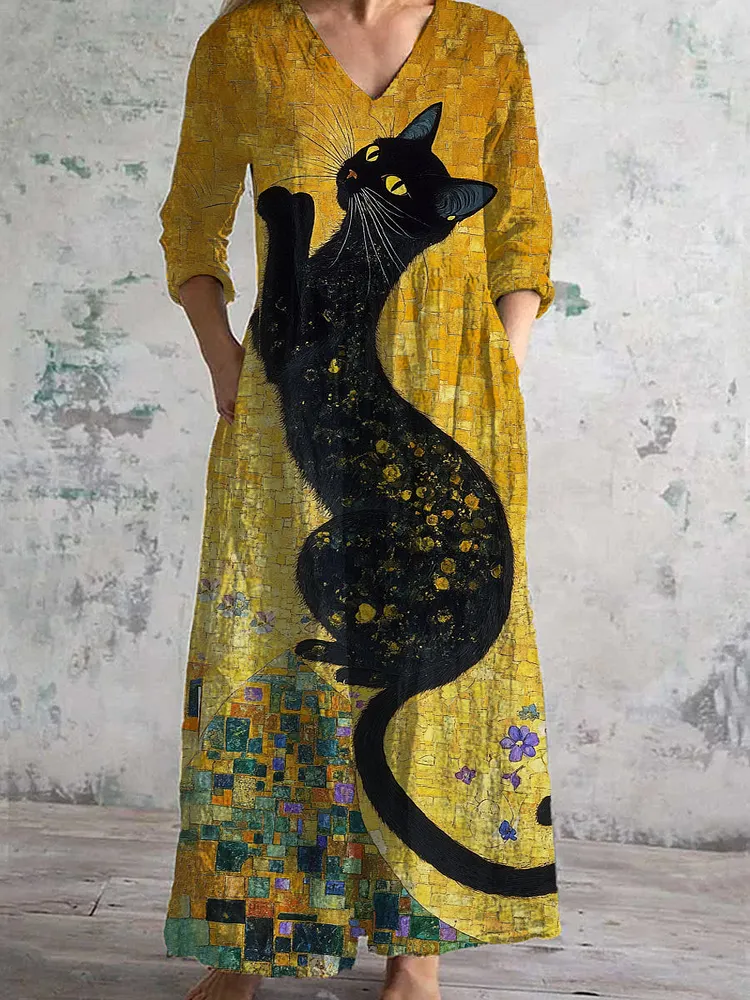 Vintage Cat Art Print Chic V-cuello de tres cuartos mangas elegante vestido de Midi