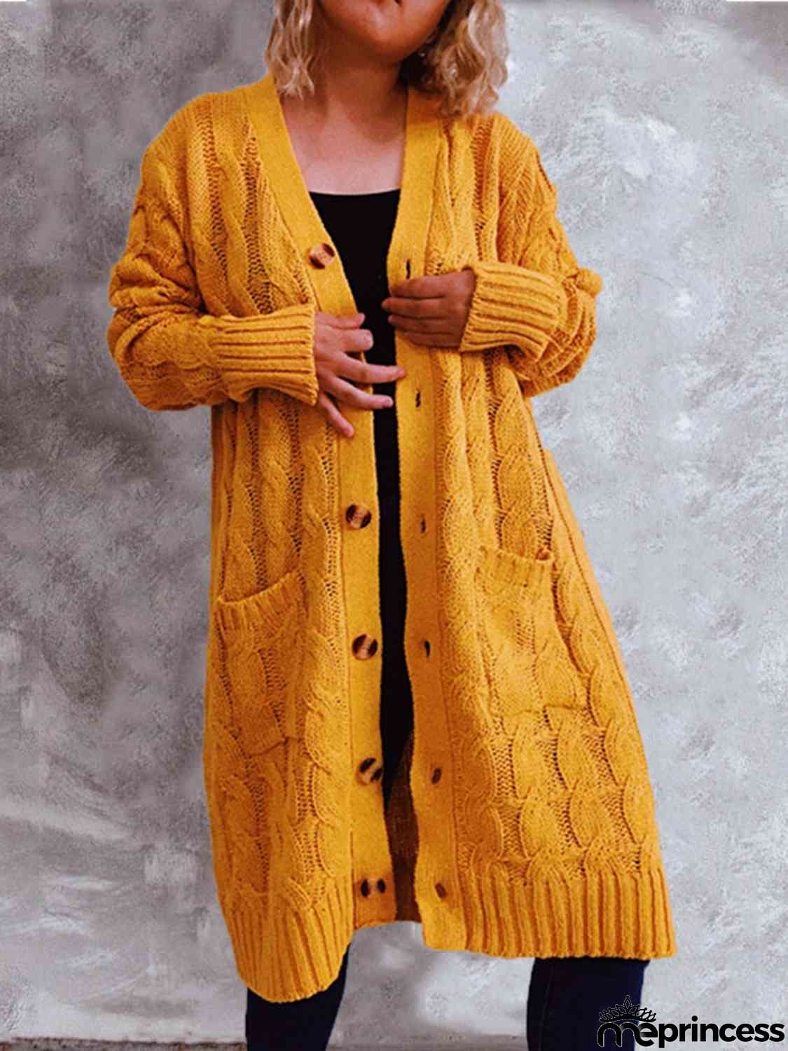 Button Up Cable-Knit Cardigan with Pockets