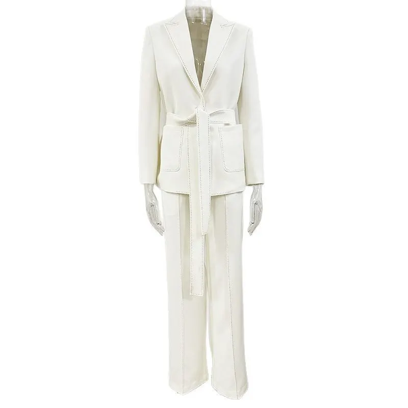 Nigikala Nigikala New Star Fashion Beads Edge Trim Belt Suit Trousers Set Two-Piece Set