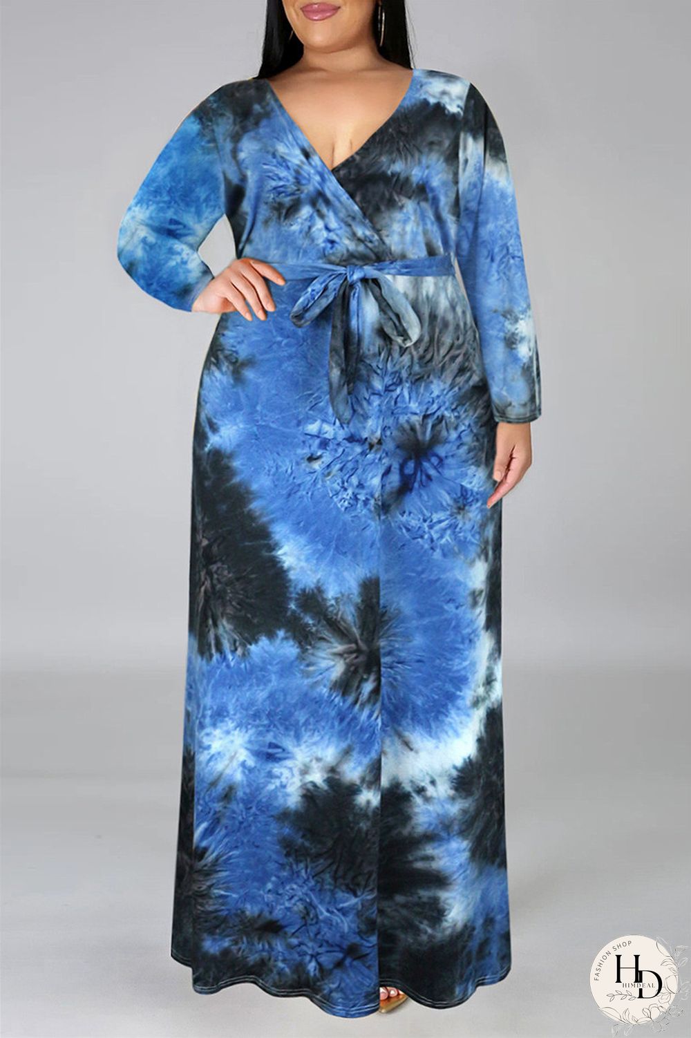 Colour Fashion Casual Print Tie-dye V Neck Long Sleeve Plus Size Dress