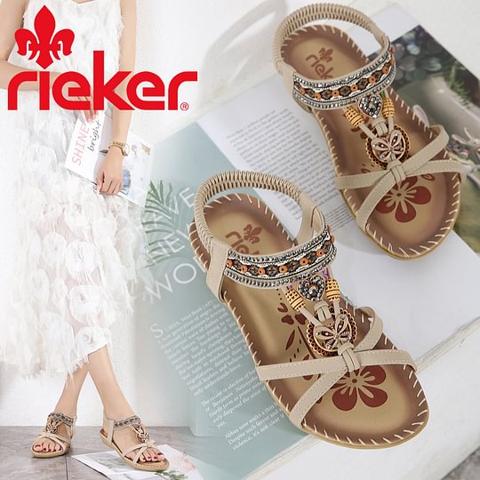 RIEKER&reg; Nowe płaskie sandały z odkrytymi palcami i kamieniami w kwiaty. Sandały plażowe