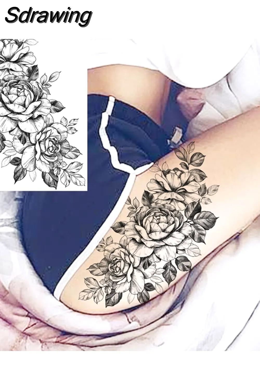 Sdrawing Peony Flower Temporary Tattoos For Women Adults Realistic Compass Moon Pendant Fake Tattoo Sticker Arm Body Tatoos 507-1