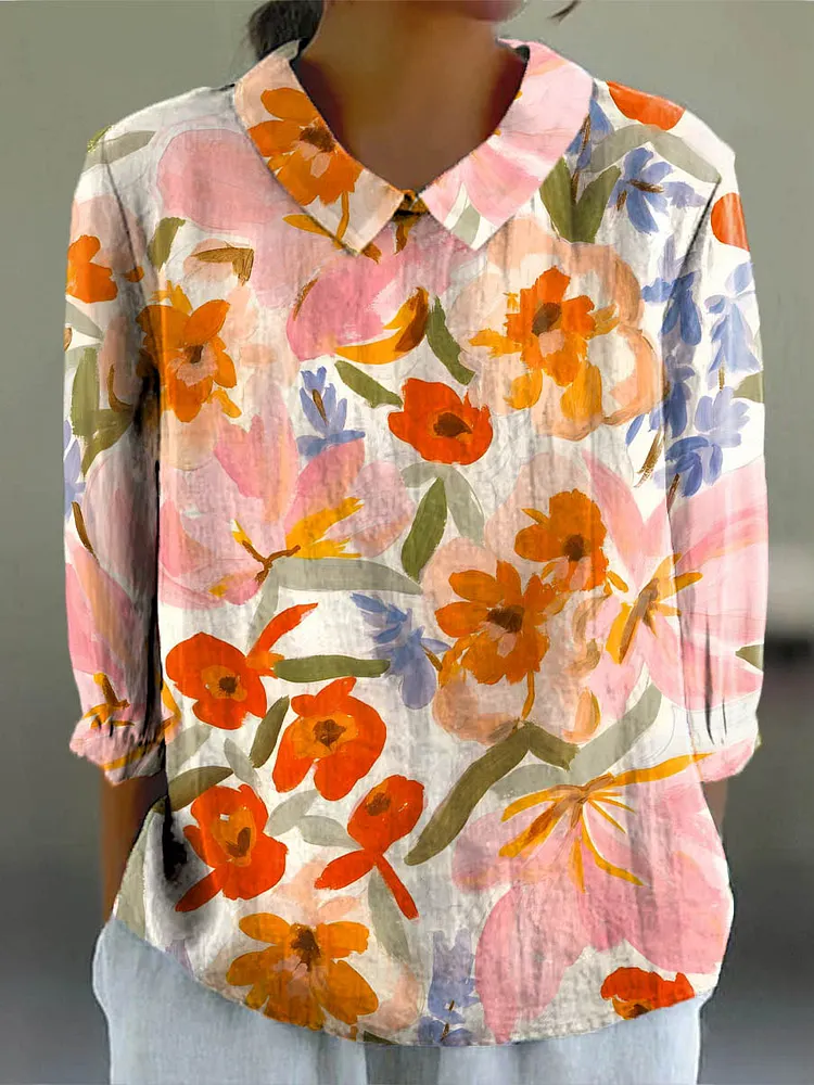 Women's Lovely Floral Art Print Casual Cotton And Linen 3/4 Sleeve Shirt