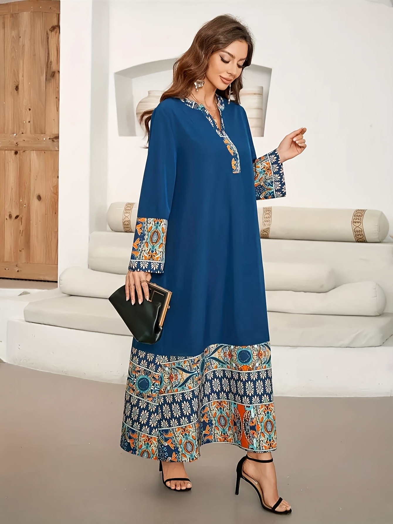 Women's Elegant Notch Collar Long Sleeve Loose Skirt, National Print Ramadan Keffiyeh Abaya, All-Season Islamic Fashion, Islamic Clothing | Elegant Notched Collar | Vneck Collar, Islamic Dress | IFYHOME