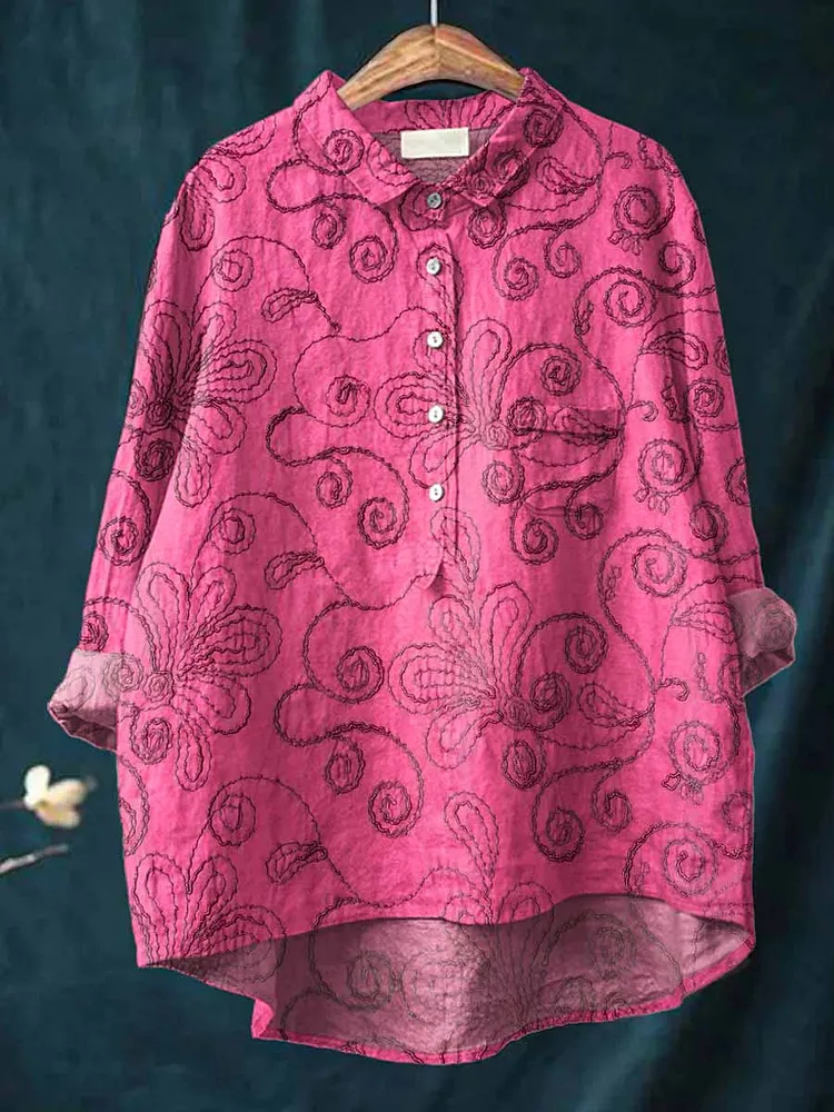 Womens  Artistic Retro Floral Casual Cotton And Linen Shirt