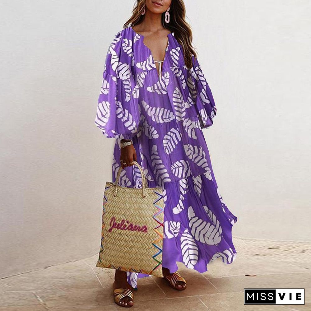 White Leaves Printed Women Purple Long Dress
