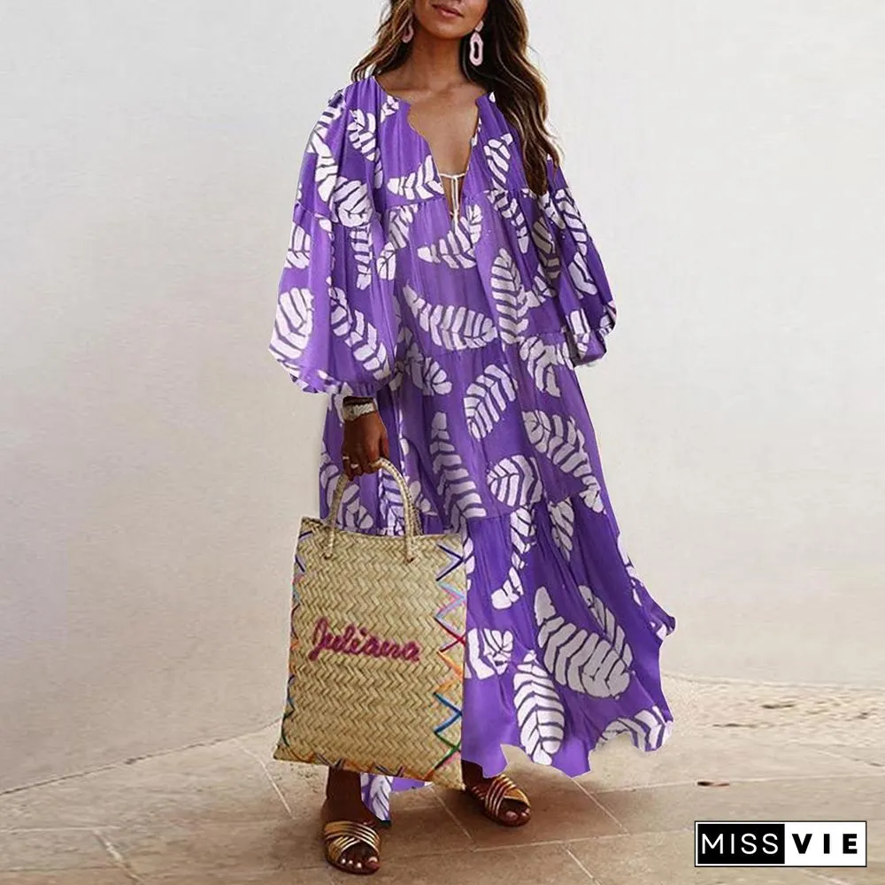 White Leaves Printed Women Purple Long Dress