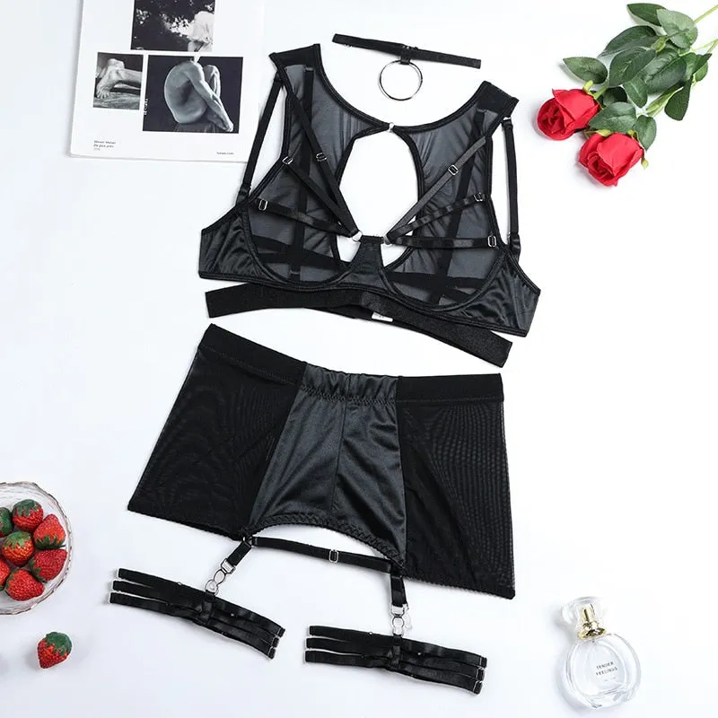MIRABELLE Mesh Sexy Lingerie With Skirt 5-Pieces Erotic Sets Lace Underwear See Through Bra Briefs Sets Porn Thongs Sex Outfits