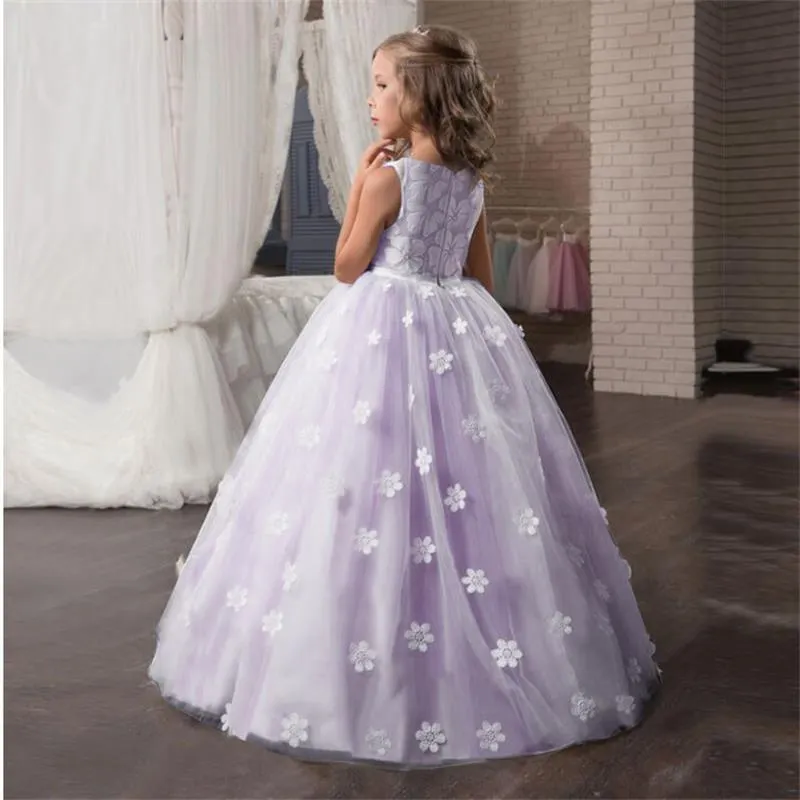 Girls Dress Embroidery Lace Flower Bridesmaid Dress Princess Dress Party Long Gown Xmas Pageant Party First Communion Vestido