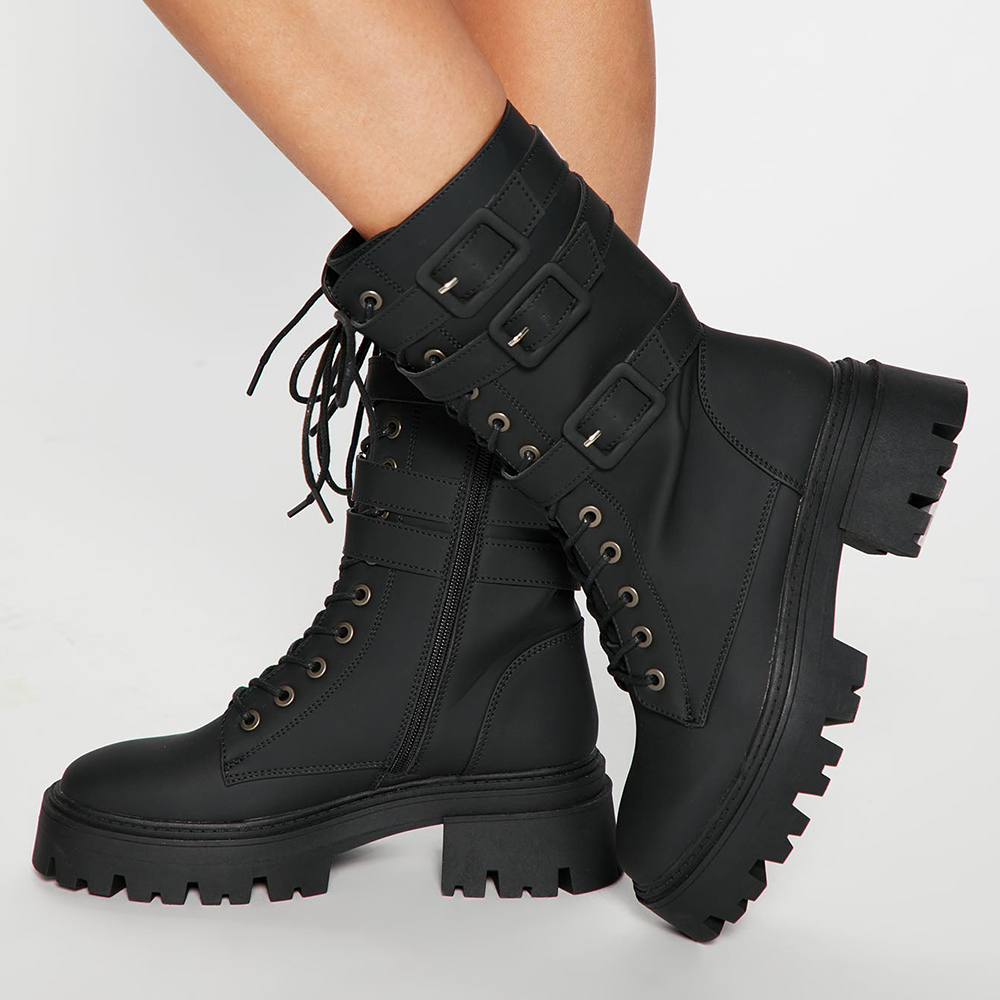 Black Round Toe Lug Sole Triple Buckle Lace Up Combat Boots for Women Nicepairs