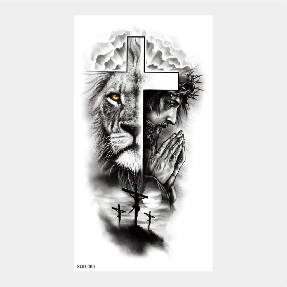 Sdrawing Temporary Tattoo Stickers Animal Tiger Lion Wolf Head Domineering Half Arm Big Picture Water Transfer Tatto Sticker