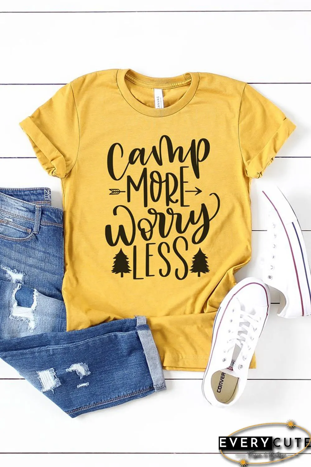 Yellow Camp More Work Less Graphic Print Short Sleeve T Shirt