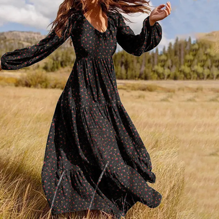 Vintage V Neck Floral Printed Long Sleeve Maxi Dress