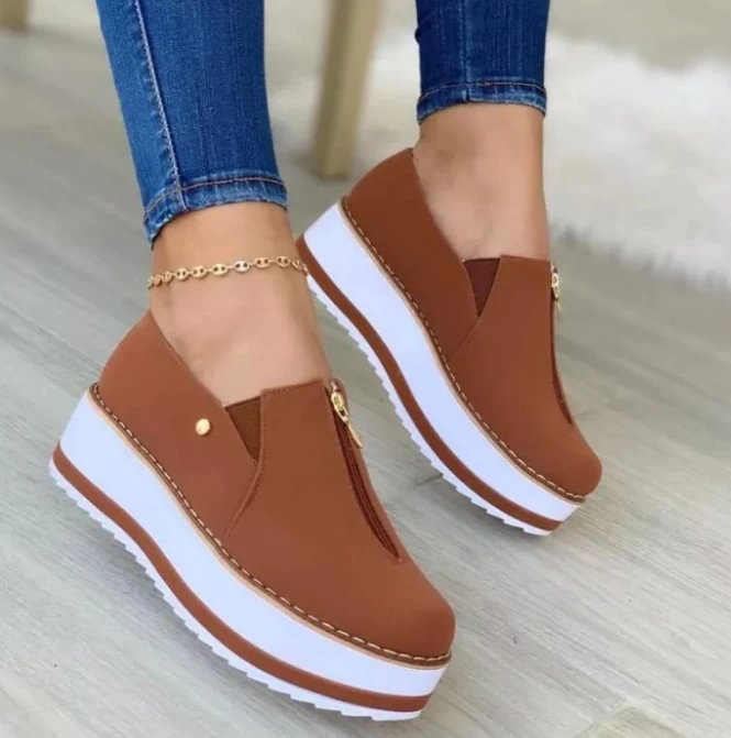 Qengg New Women Sneakers Slip on Zipper Thick Bottom Solid Color Vulcanized Shoes Casual Wedge Walking Flats Zapatillas De Mujer