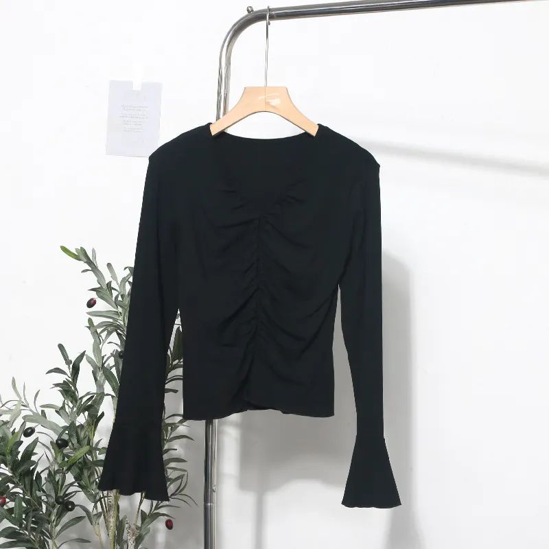 Churchf Real Shooting 2024 Autumn Dress Sexy V-Neck Folded Open Fork Short High-Waisted T-Shirt Horn Long Sleeve Bottom Top 161