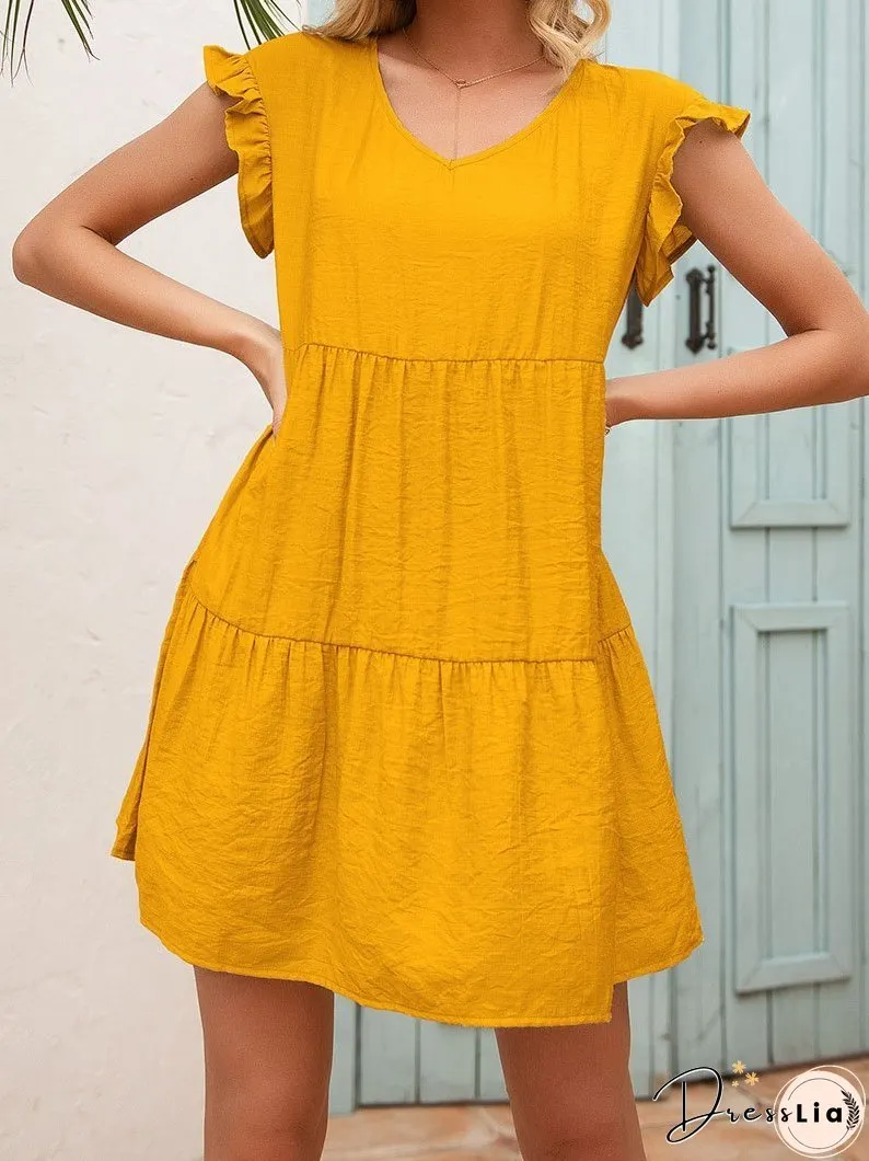 Loose V-neck Fungus Sleeve Mini Dress