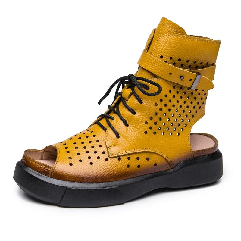 GKTINOO 2022 Fashion Ladies Sandals Hollow-Out Gladiator Sandals Women Flat Shoes Open Toe Genuine Leather Summer Cool Boots