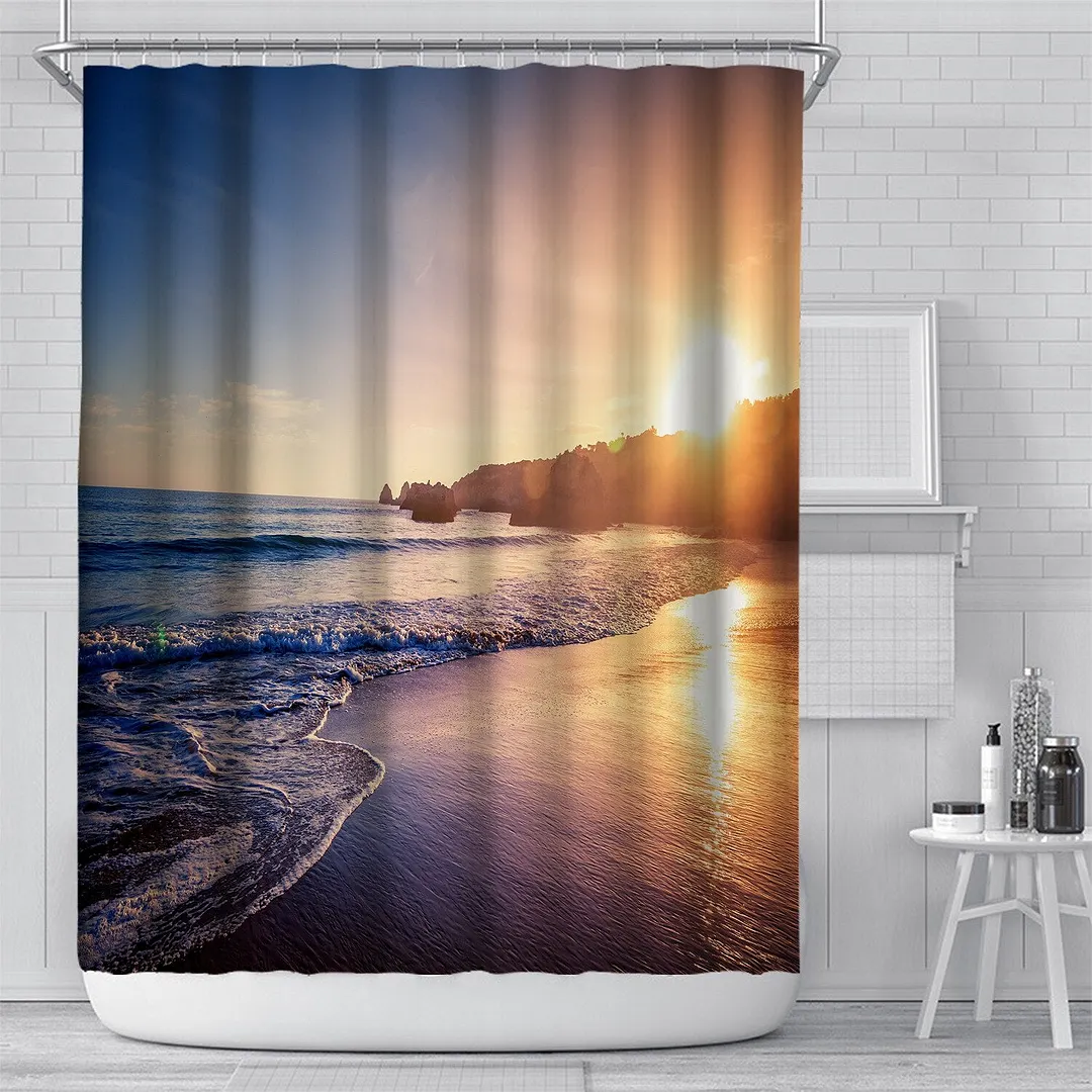 3D Seascape Beach Printed Fabric Shower Curtains Bathroom Curtain Bath Screen Waterproof Products Home Decor with Hooks