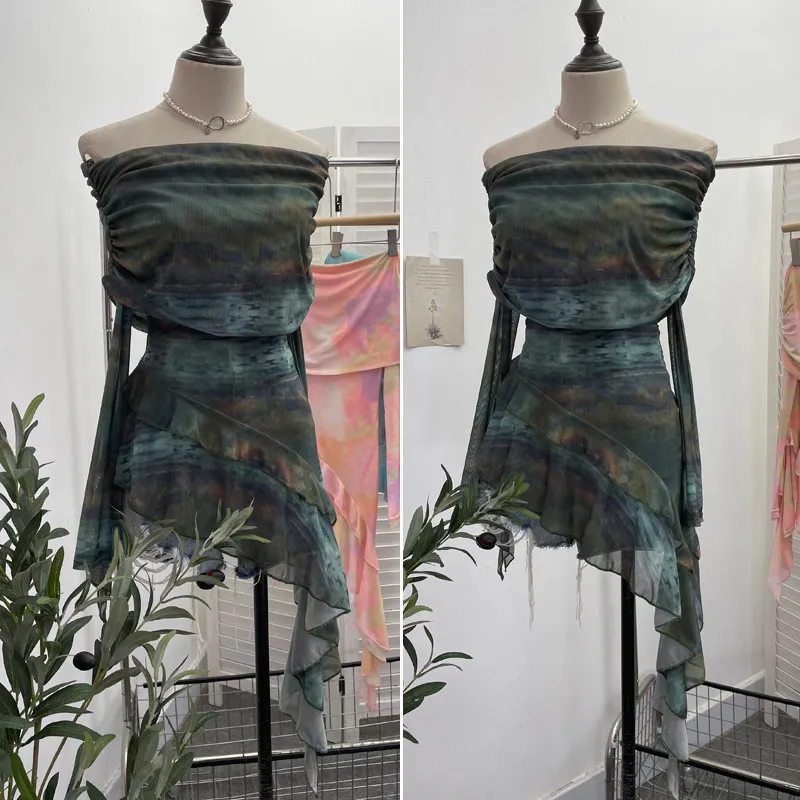 Brownm Sweet And Spicy Shoulder Dyed Printing Mesh Long-Sleeved Coat Folds Irregular Ribbon T-Shirt 9997
